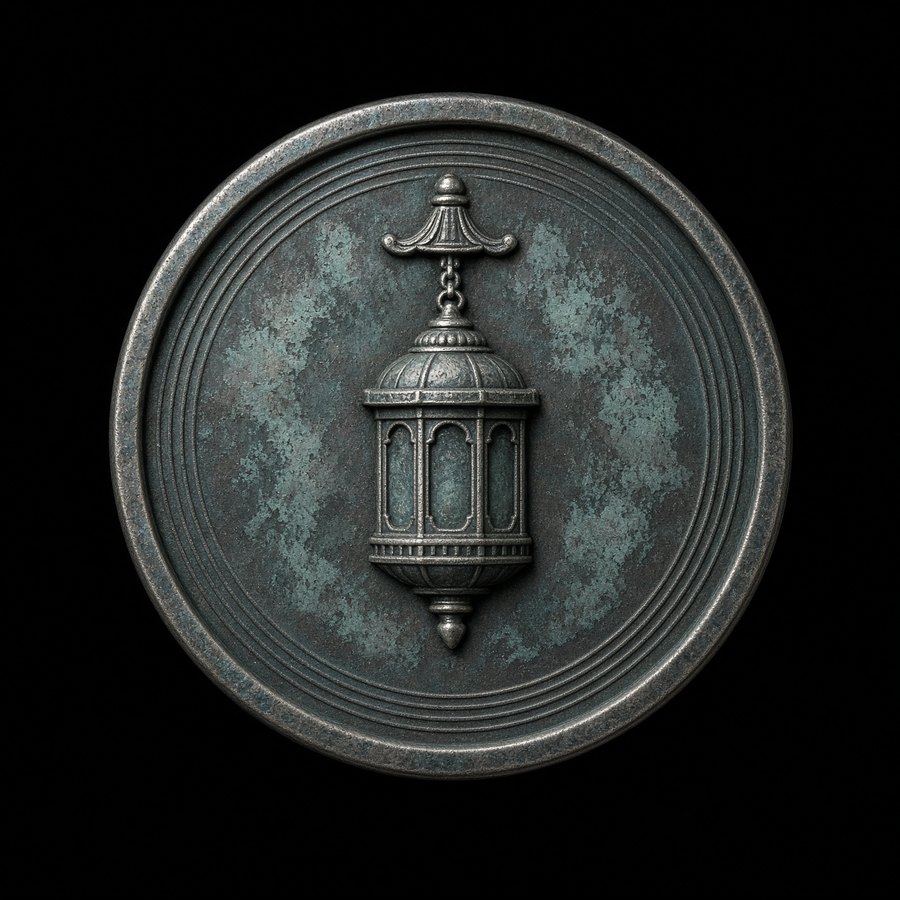 Pewter NFC token with lantern relief and an etched antenna coil